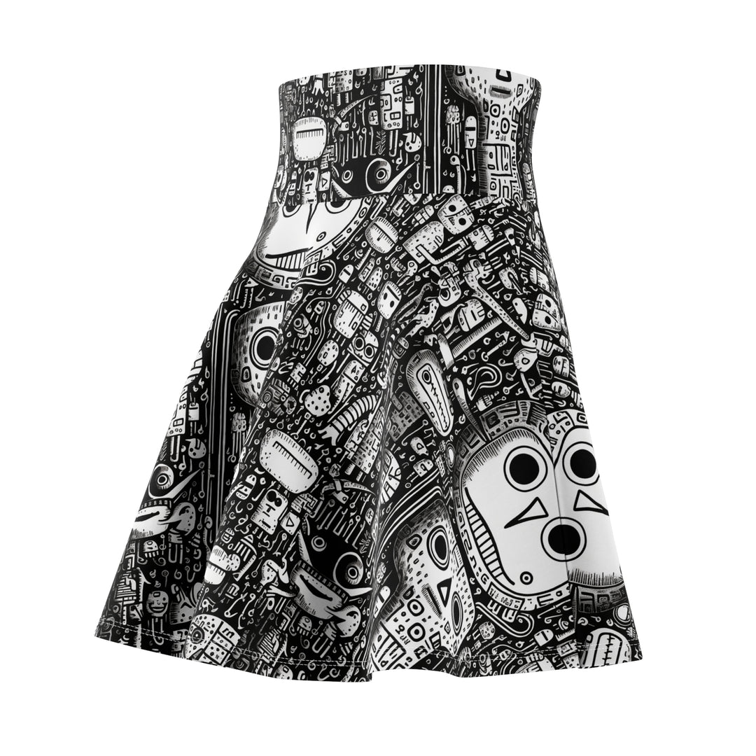 Strange Doodle Art Skater Skirt - Black and White Animal, Totem, Alien Festival Wear, Clubwear, Rave Wear, Mini Circle Skirt, Gift for her