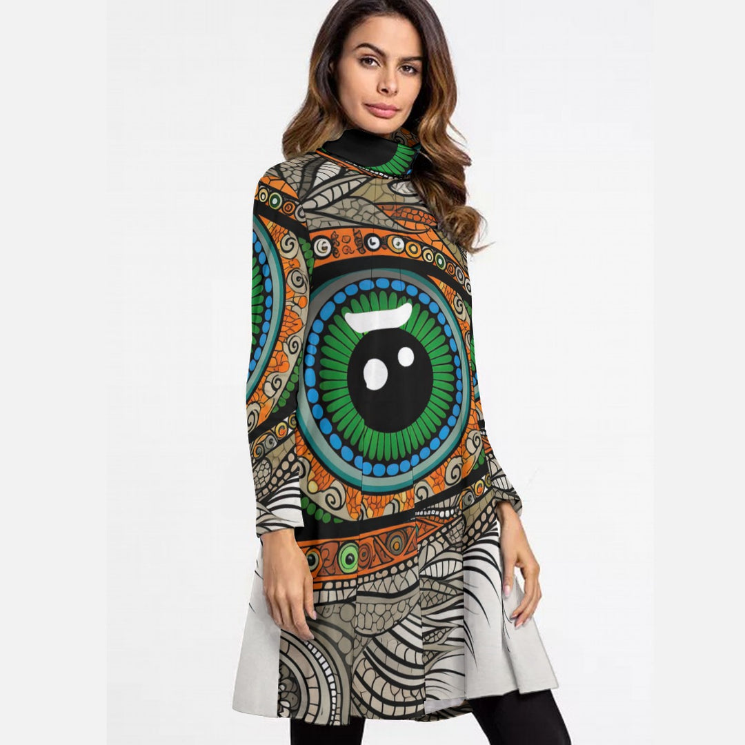 All-Over Print Women's High Neck Dress With Long Sleeve
