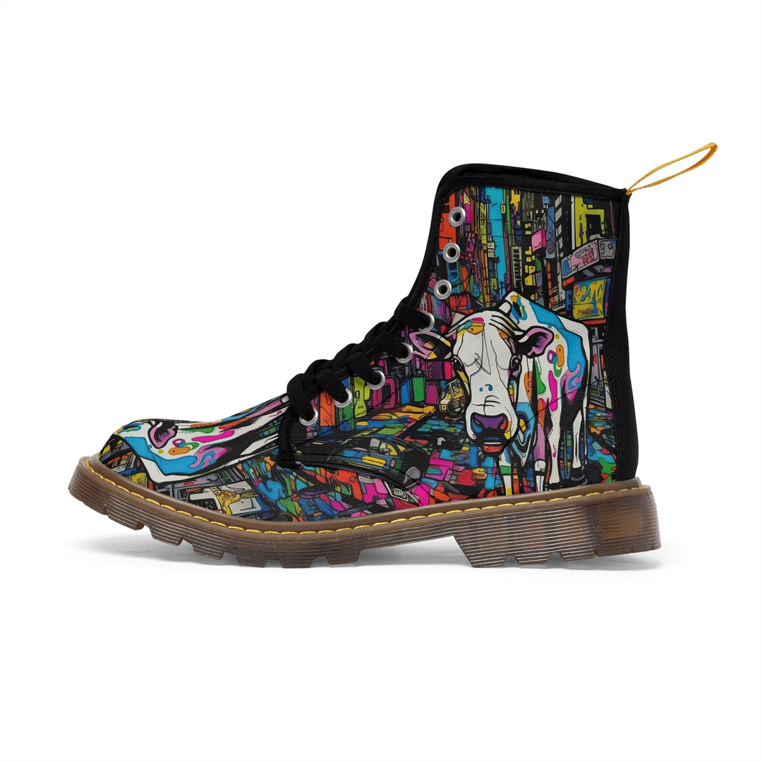 Cow Print Women's Canvas Boots, Pop Art Cartoon Cow Shoes, Classic Style Boots, Black brown Sole Boot, Rain Boot, Casual Boot, Snow