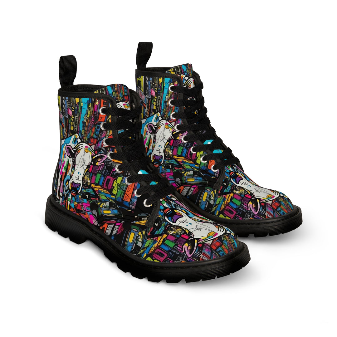 Cow Print Women's Canvas Boots, Pop Art Cartoon Cow Shoes, Classic Style Boots, Black brown Sole Boot, Rain Boot, Casual Boot, Snow