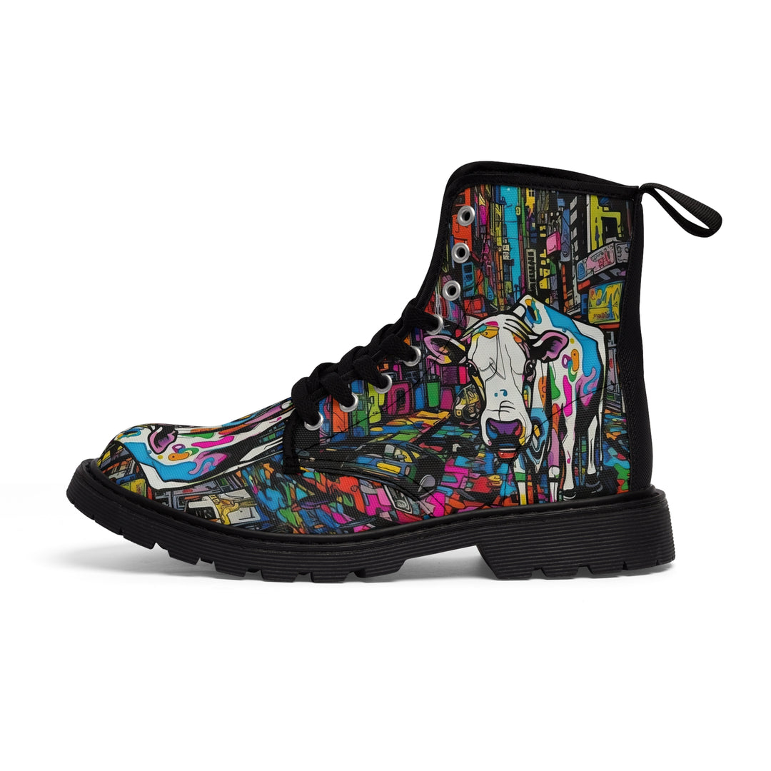 Cow Print Women's Canvas Boots, Pop Art Cartoon Cow Shoes, Classic Style Boots, Black brown Sole Boot, Rain Boot, Casual Boot, Snow