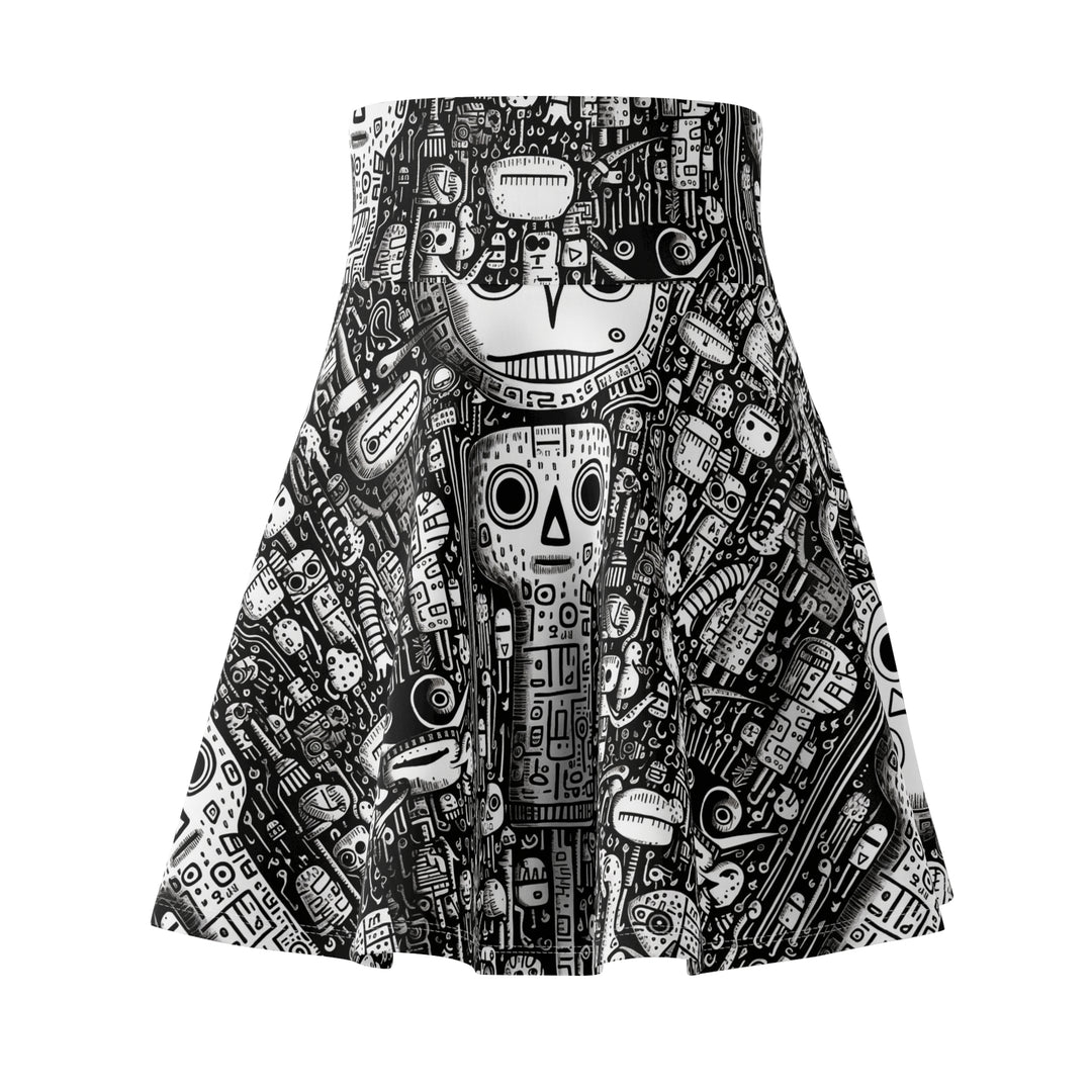 Strange Doodle Art Skater Skirt - Black and White Animal, Totem, Alien Festival Wear, Clubwear, Rave Wear, Mini Circle Skirt, Gift for her