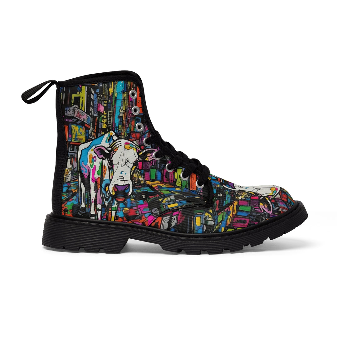 Cow Print Women's Canvas Boots, Pop Art Cartoon Cow Shoes, Classic Style Boots, Black brown Sole Boot, Rain Boot, Casual Boot, Snow