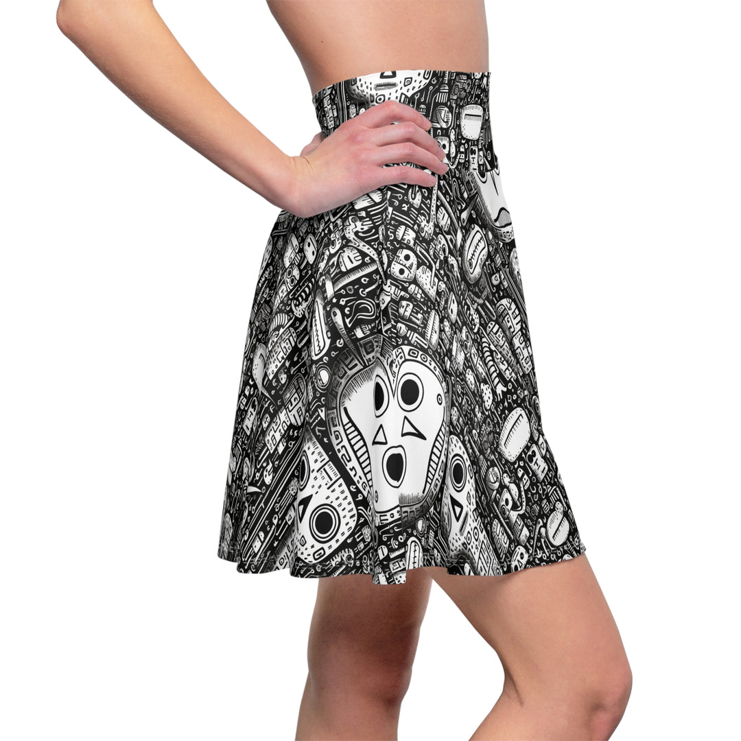 Strange Doodle Art Skater Skirt - Black and White Animal, Totem, Alien Festival Wear, Clubwear, Rave Wear, Mini Circle Skirt, Gift for her