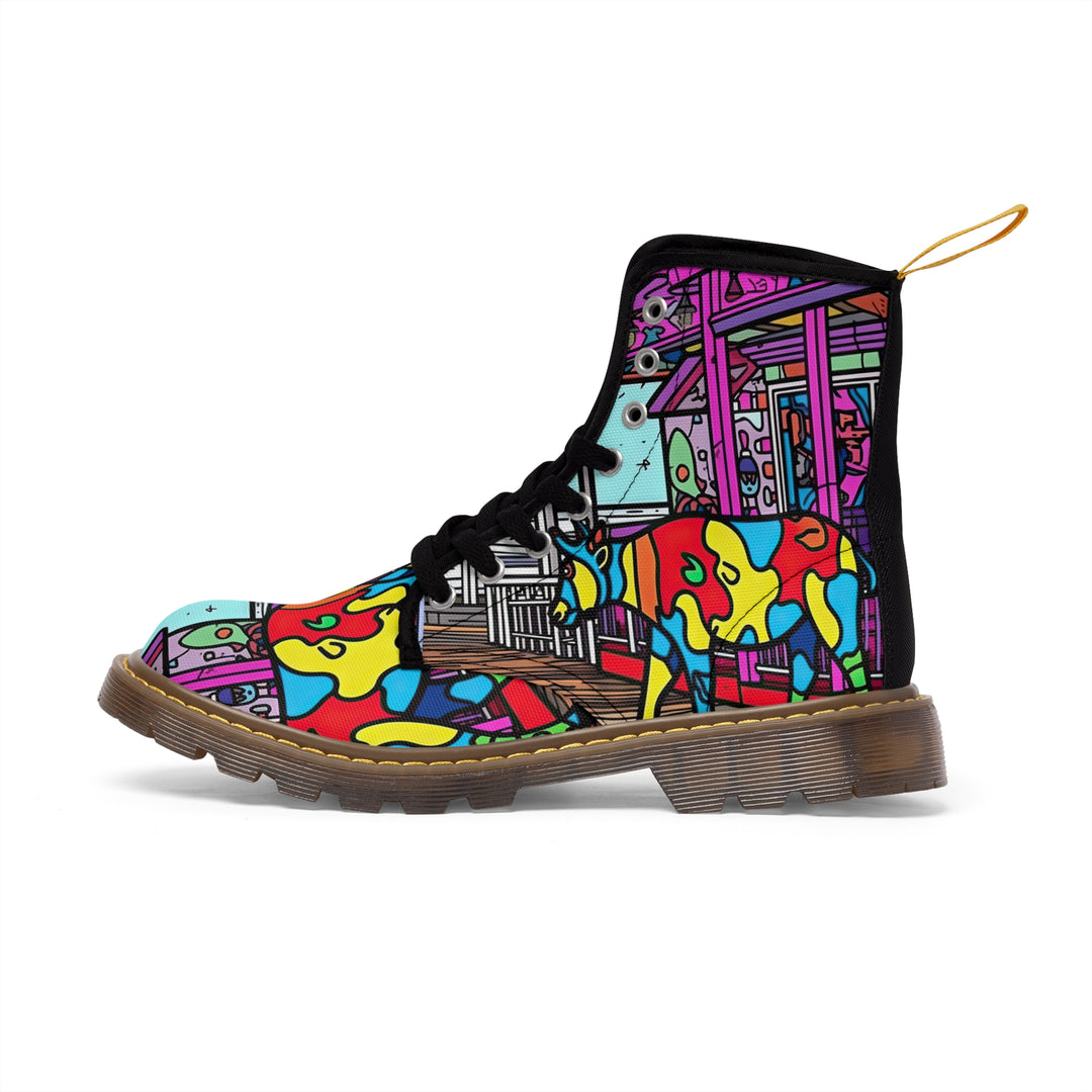 Cow Print Women's Canvas Boots, Pop Art Cartoon Cow Shoes, Classic Style Boots, Black brown Sole Boot, Rain Boot, Casual Boot, Snow Boot