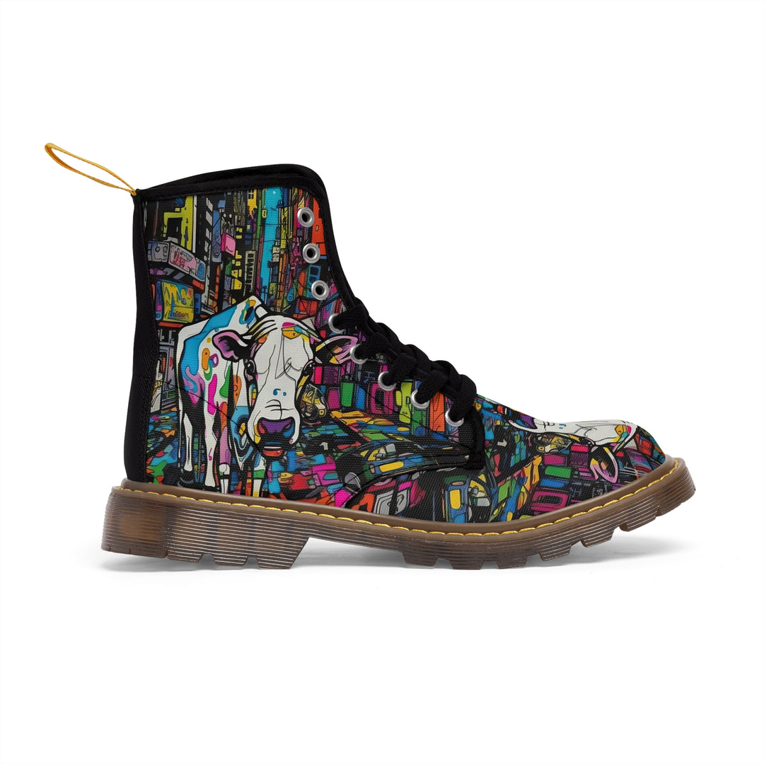 Cow Print Women's Canvas Boots, Pop Art Cartoon Cow Shoes, Classic Style Boots, Black brown Sole Boot, Rain Boot, Casual Boot, Snow