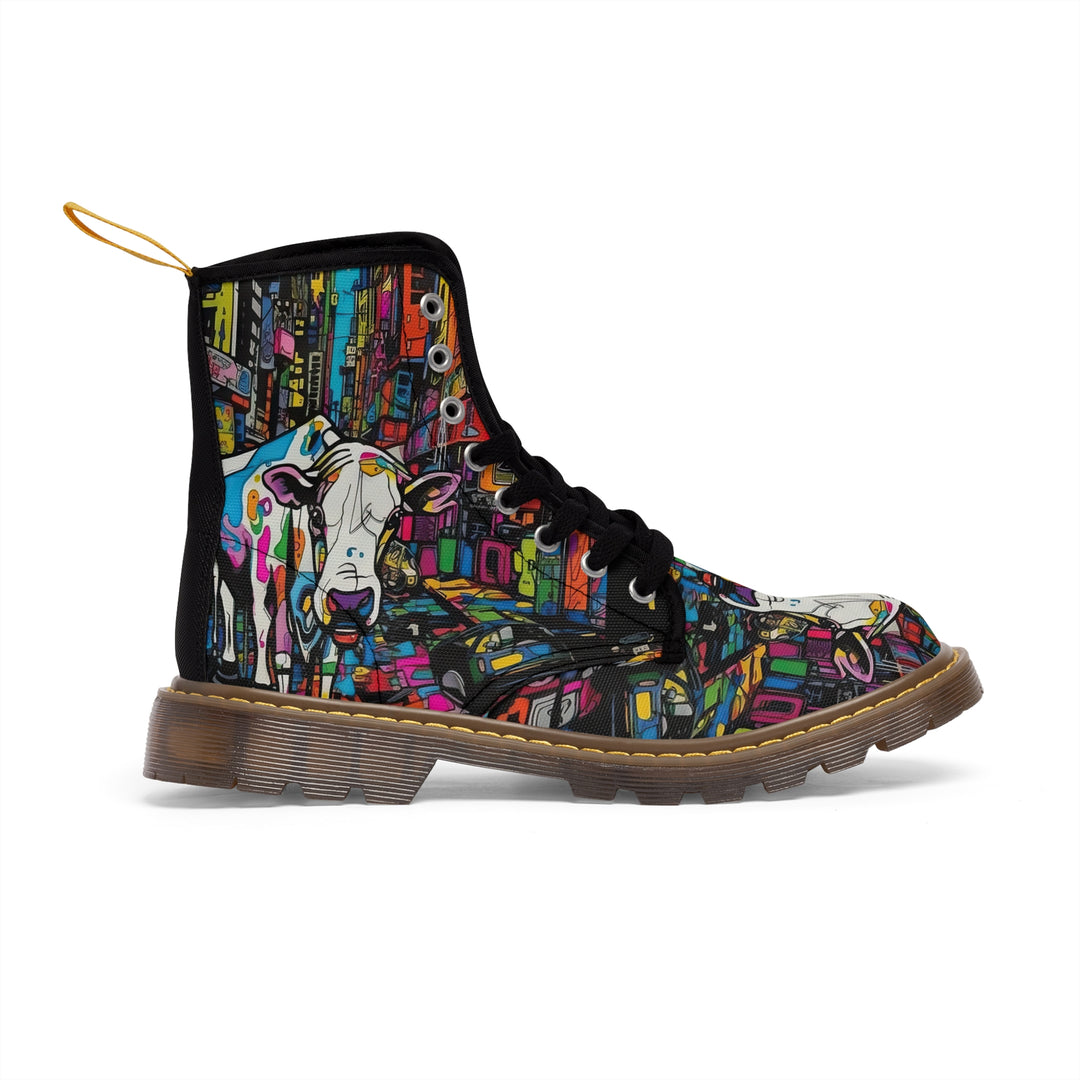 Cow Print Women's Canvas Boots, Pop Art Cartoon Cow Shoes, Classic Style Boots, Black brown Sole Boot, Rain Boot, Casual Boot, Snow