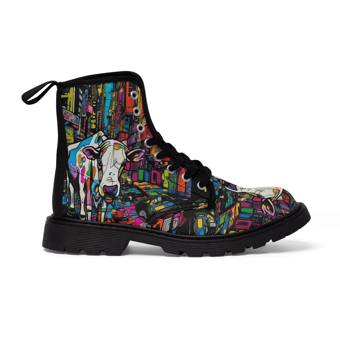 Cow Print Women's Canvas Boots, Pop Art Cartoon Cow Shoes, Classic Style Boots, Black brown Sole Boot, Rain Boot, Casual Boot, Snow