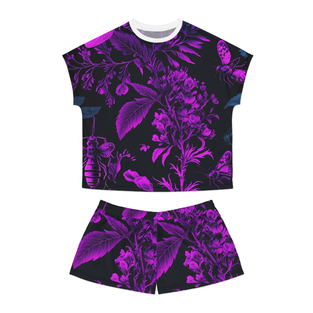 Neon Fireflies and Floral Women's Short Pajama Set- Cute Women's Short Pajama Set