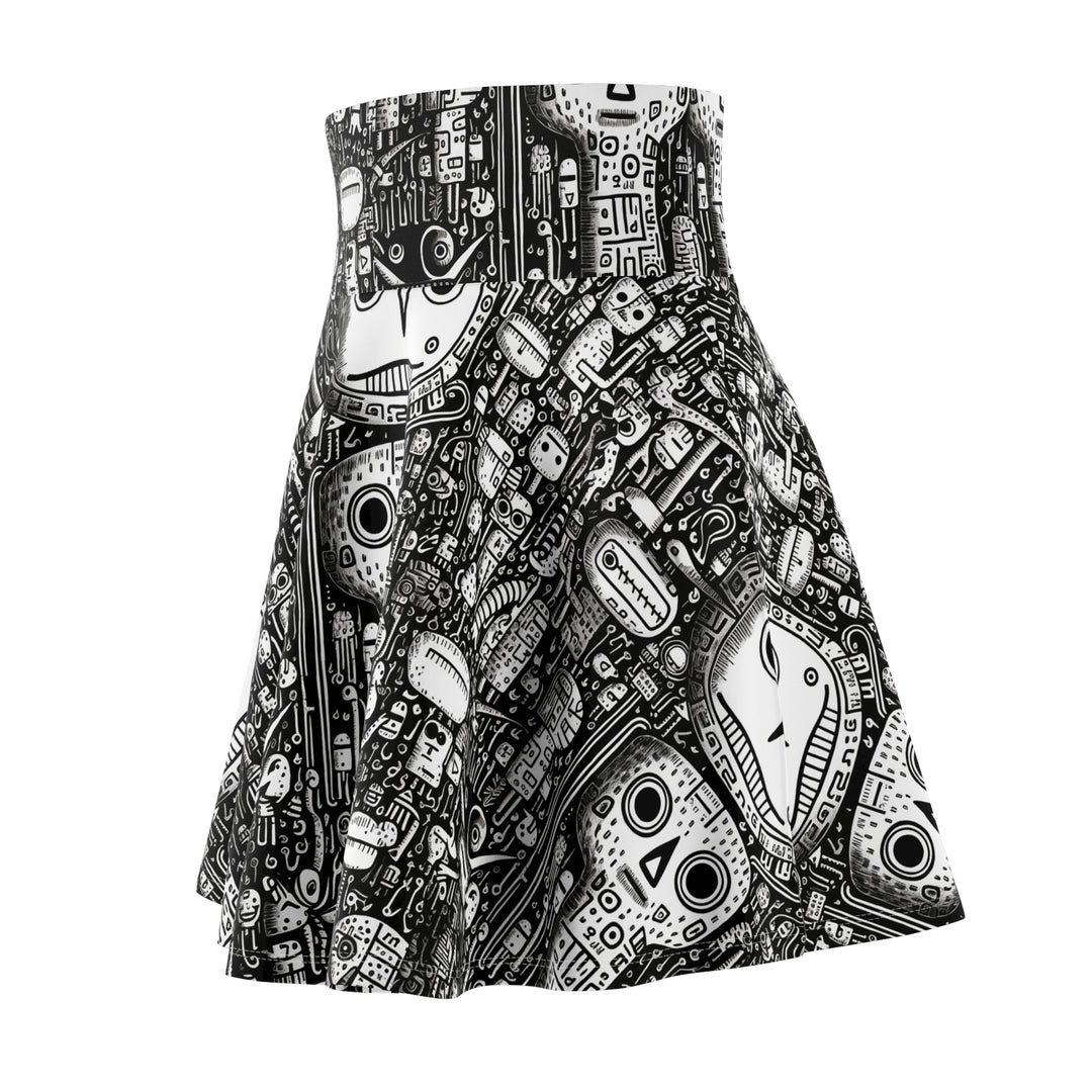 Strange Doodle Art Skater Skirt - Black and White Animal, Totem, Alien Festival Wear, Clubwear, Rave Wear, Mini Circle Skirt, Gift for her