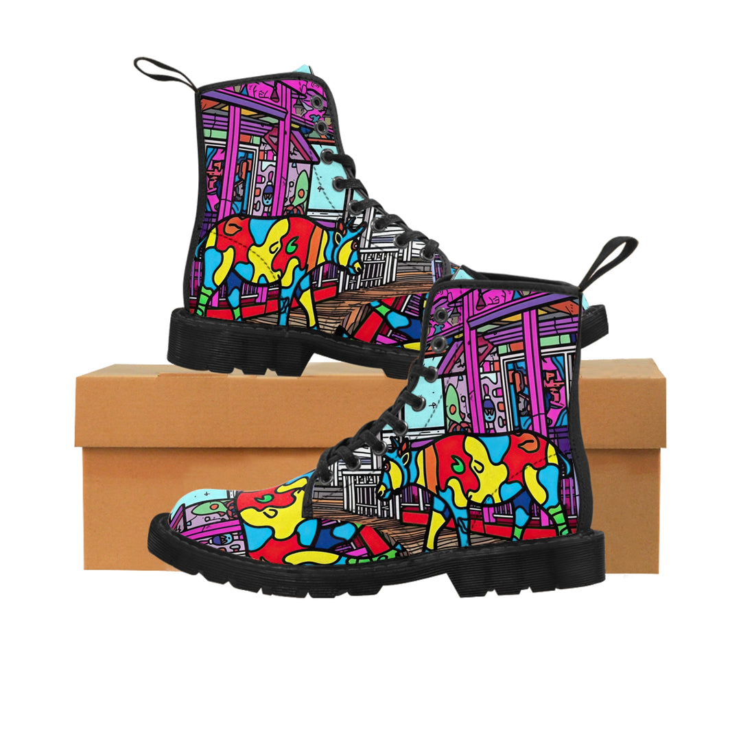 Cow Print Women's Canvas Boots, Pop Art Cartoon Cow Shoes, Classic Style Boots, Black brown Sole Boot, Rain Boot, Casual Boot, Snow Boot