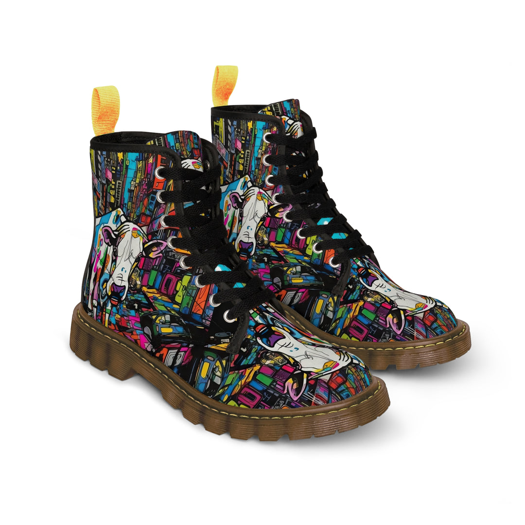 Cow Print Women's Canvas Boots, Pop Art Cartoon Cow Shoes, Classic Style Boots, Black brown Sole Boot, Rain Boot, Casual Boot, Snow