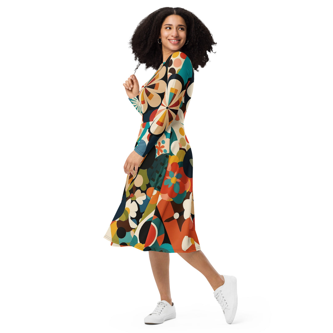 All-over print long sleeve midi dress