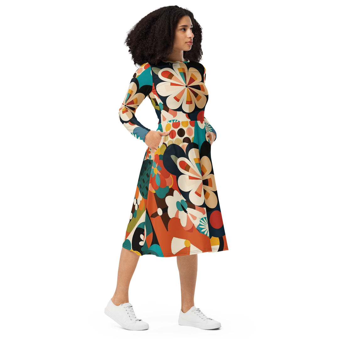 All-over print long sleeve midi dress