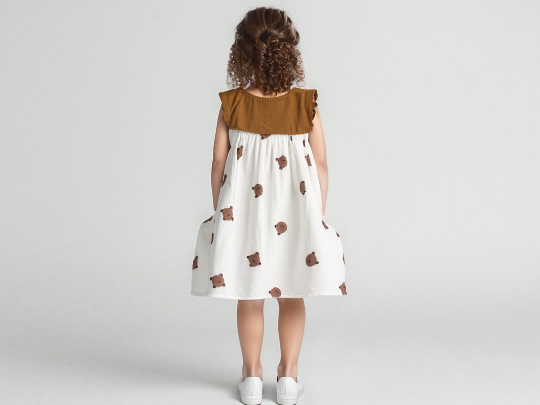 Adorable Bear Print Baby Dress – Brown & White Cotton Dress