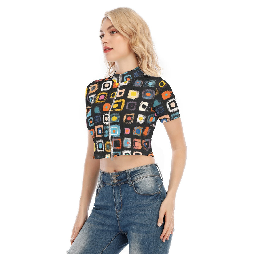 All-Over Print Women's Short Sleeve T-shirt With Two-way Zipper