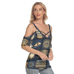 Load image into Gallery viewer, All-Over Print Women&#39;s Cold Shoulder T-shirt With Criss Cross Strips
