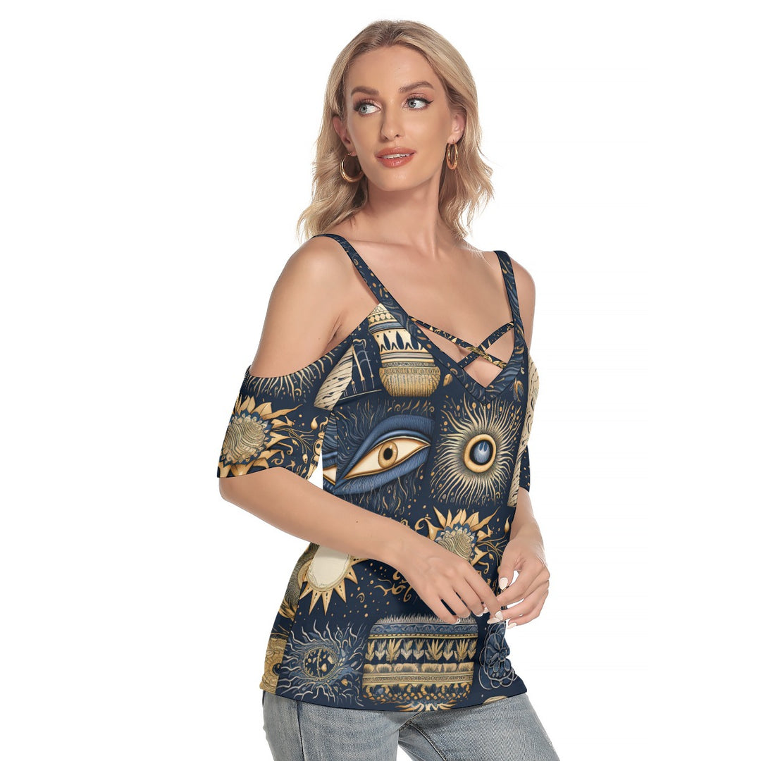 All-Over Print Women's Cold Shoulder T-shirt With Criss Cross Strips