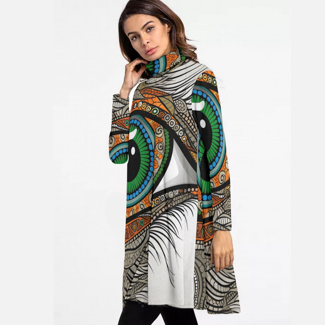 All-Over Print Women's High Neck Dress With Long Sleeve