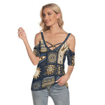 Load image into Gallery viewer, All-Over Print Women&#39;s Cold Shoulder T-shirt With Criss Cross Strips
