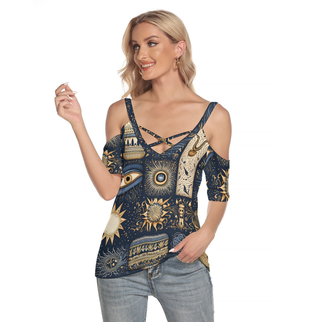 All-Over Print Women's Cold Shoulder T-shirt With Criss Cross Strips